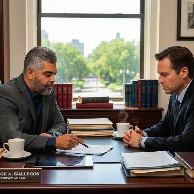 George A. Gallegos with worried client